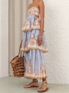 Zimmermann Blue Floral Tiered Maxi Dress Size 0 (Worn Twice)